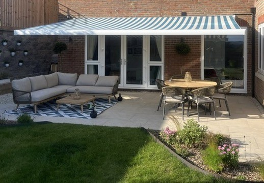 Patio awning over an outdoor seating area